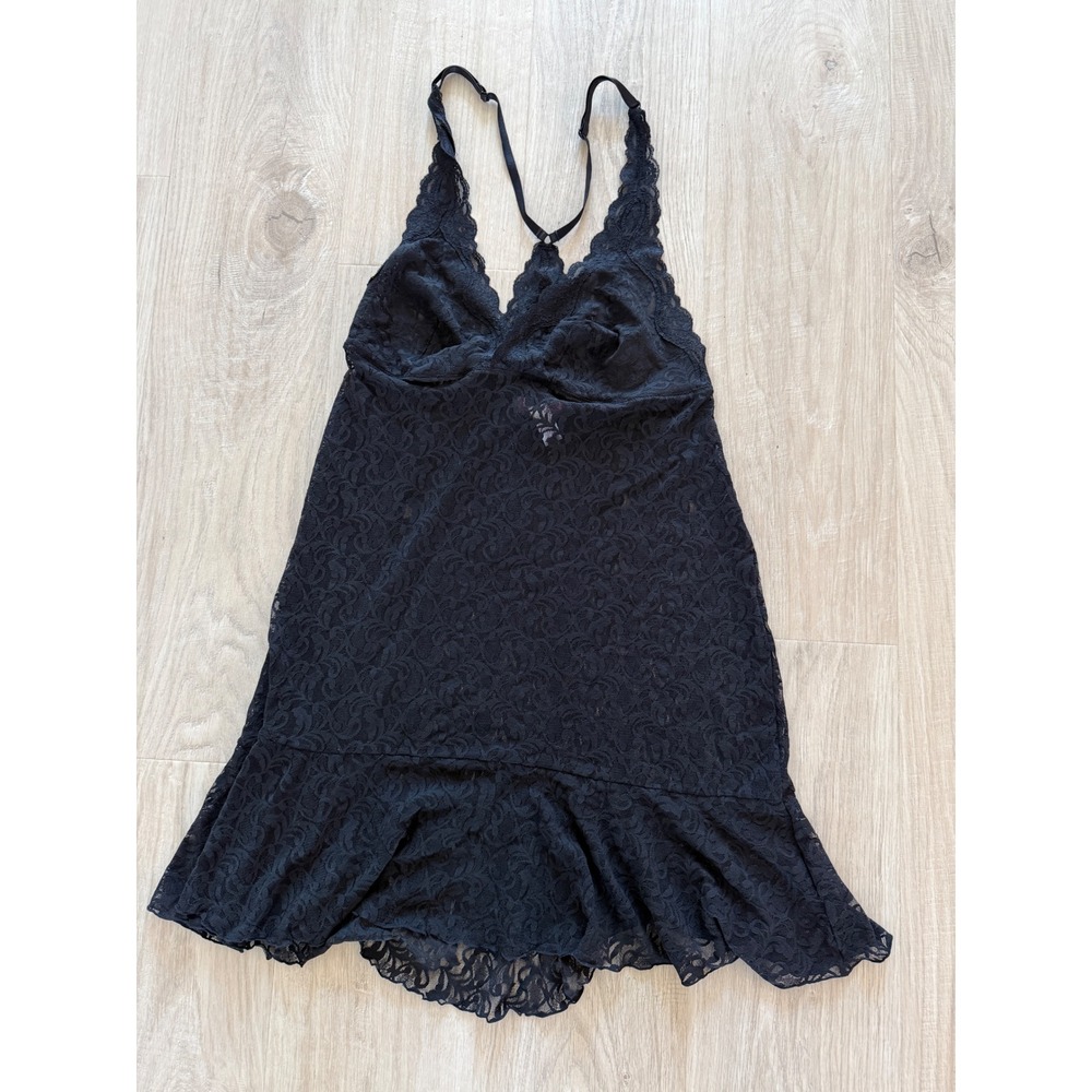 Cacique Chemise Women 14/16 Black Lace Ruffle V-Neck Adjustable Lingerie Nightie